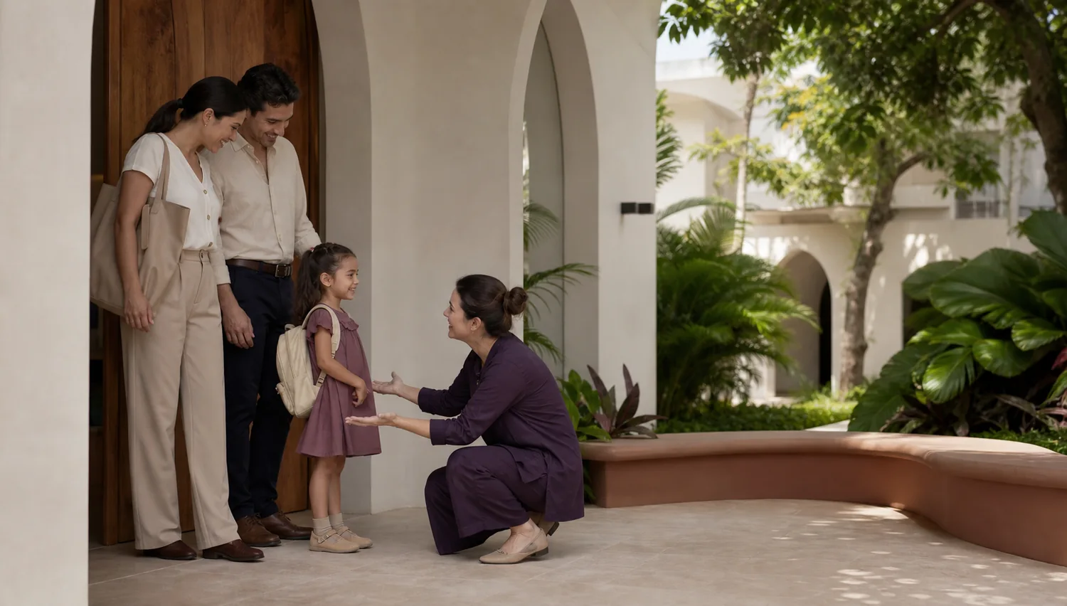 Familia es recibida por una educadora en la entrada