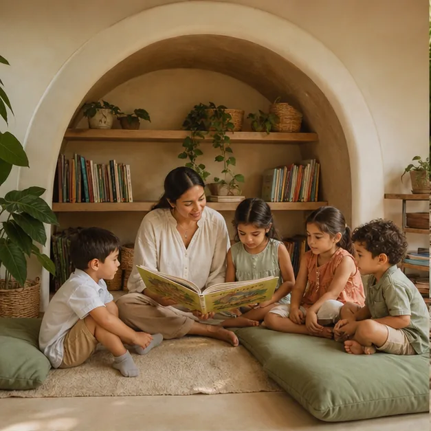Educadora lee con un grupo de niños en la biblioteca