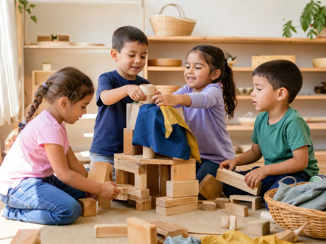 Grupo de niños coopera para construir una estructura con bloques y telas