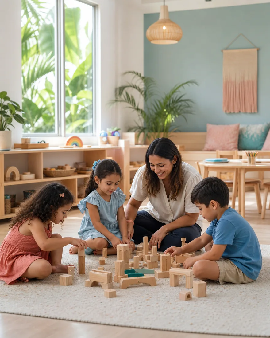 Educadora acompañando a tres niños durante una construcción colaborativa con bloques de madera