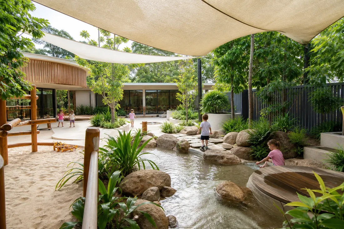 Patio tropical con agua, arena, vegetación y áreas de movimiento para la primera infancia