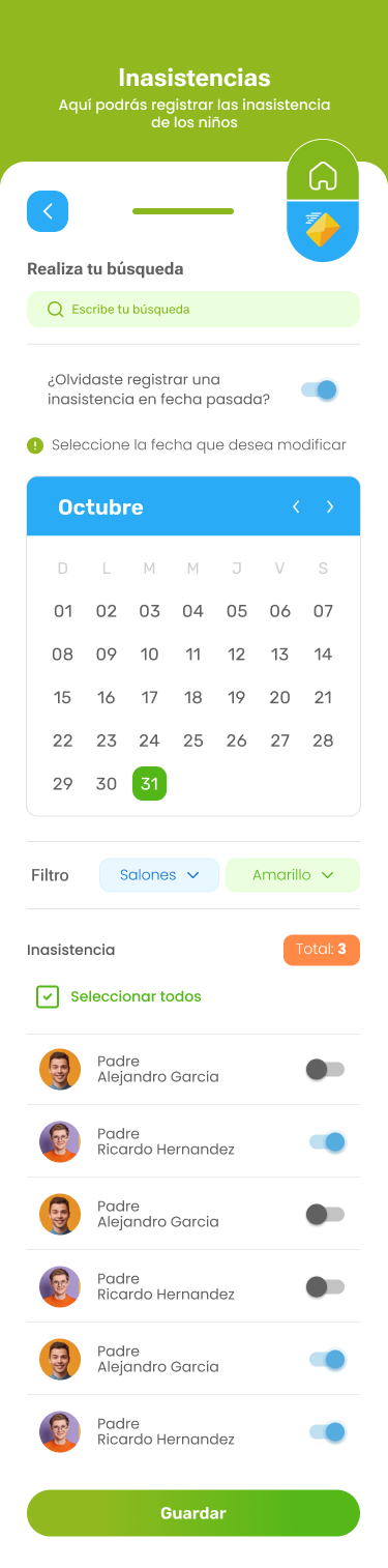 Pantalla de inasistencias de KidsBook